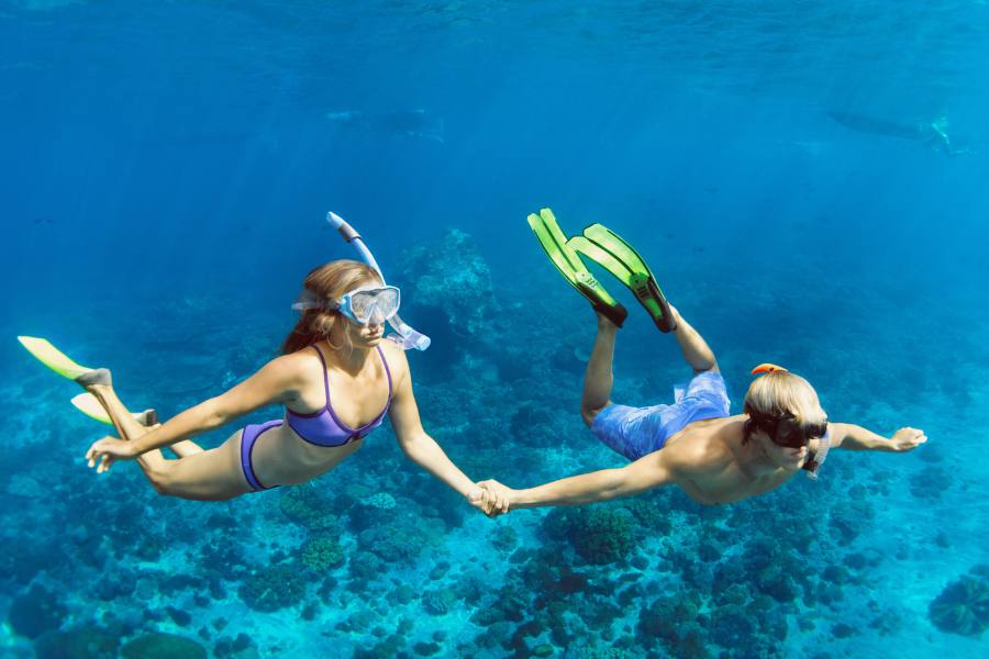 Pareja cogida de la mano bajo el agua mientras practican snorkel en Cabo en primavera.